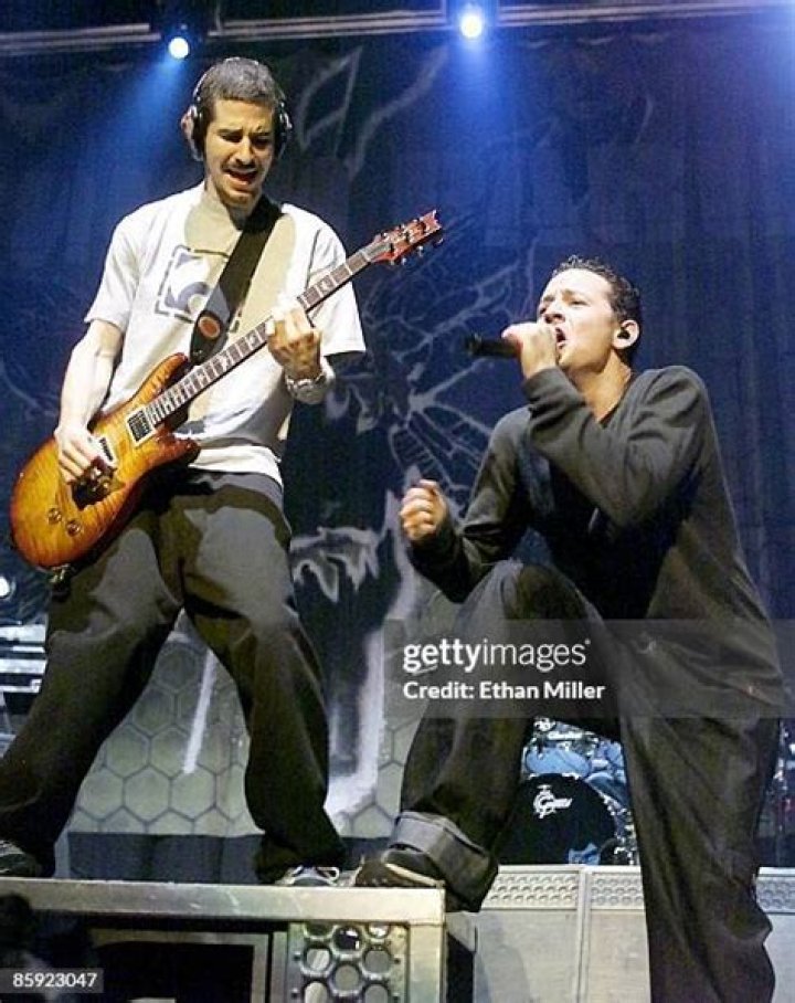 Brad Delson and Chester Bennington perfom during funeral services for Soundgarden frontman Chris Cornell at Hollywood Forever Cemetery on May 26, 2...